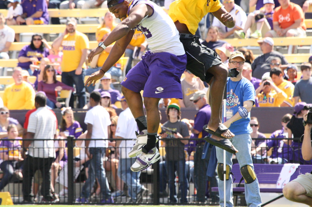 Jumping for joy during halftime at the LSU Football Spring Game.