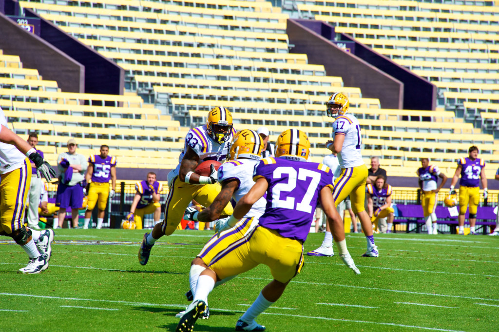 Jeremy Hill gets out of the backfield and runs down field.