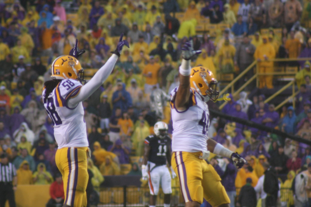 no.58 Tahj Jones and no.40 Duke Riley get fired up before the kickoff against Auburn.