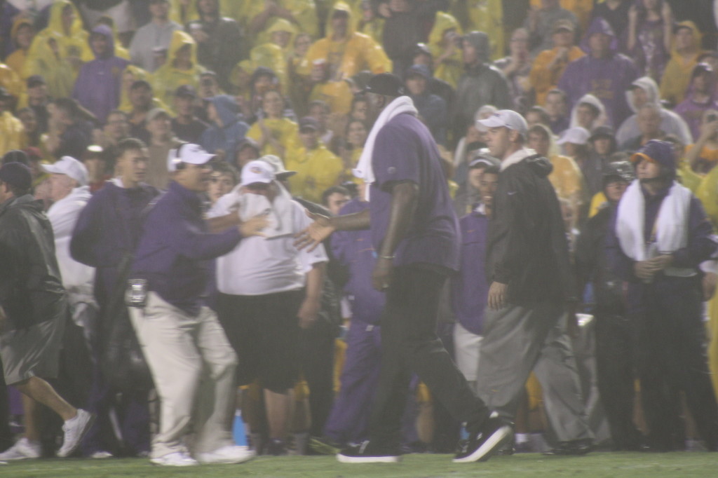 Coach Les Miles greets the Shaq at Tiger Stadium during the Auburn game.
