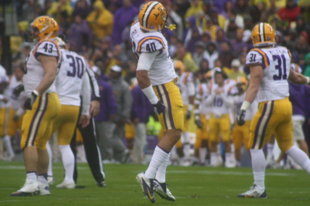 no.40 Duke Riley gets fired up before kickoff.