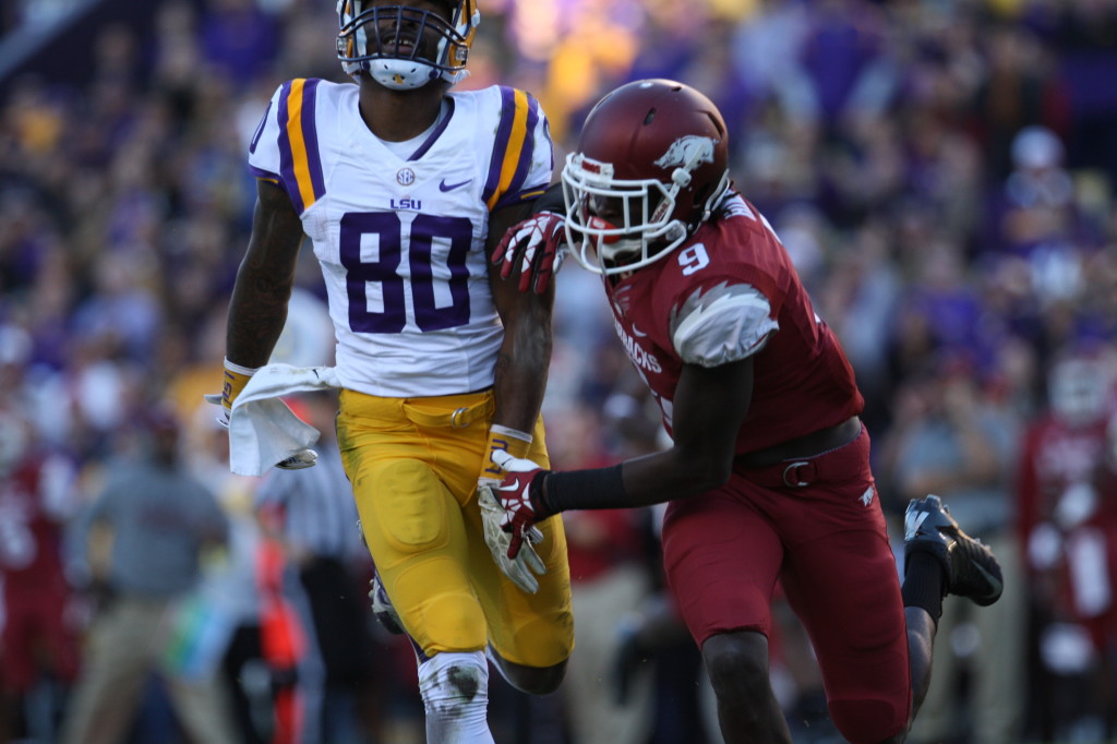 LSU no.80 Jarvis Landry trying to run a pattern.