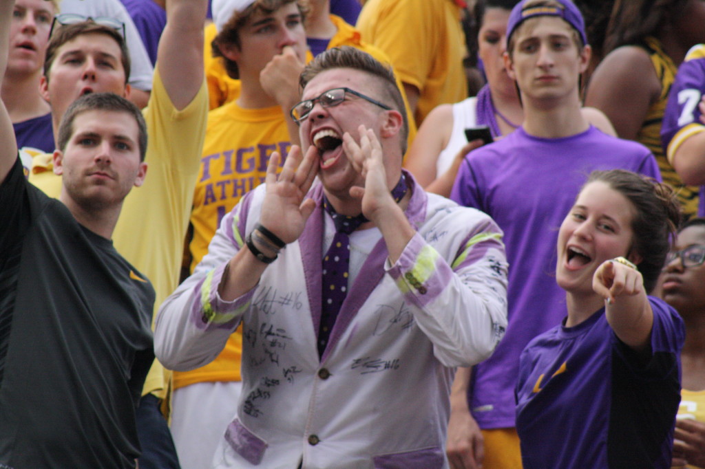 This LSU Student always brings his football uniform, Coach Miles might put him in the game one day.