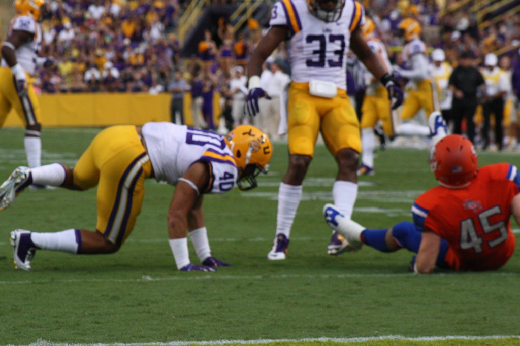 LSU SS Adams knocks Sam Houston LB 45, Collins Okotcha down on a kickoff return.