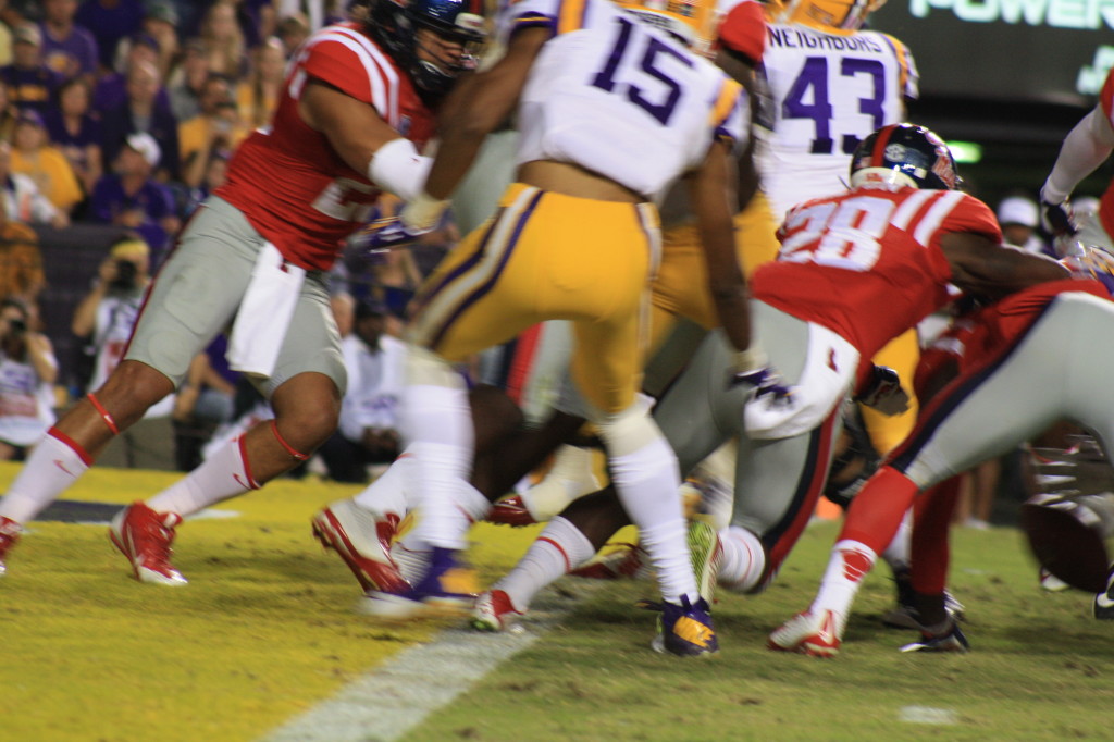 The ball pops out as LSU Fournette fumbles on the 2 yrd line.