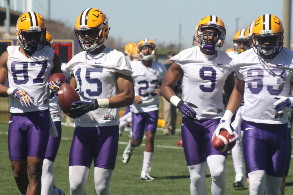 Here comes the LSU Receivers, left to right Clark, #82, Dupree #15, Diarse #9, and Dural #83. 