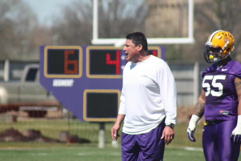 Coach O geting alittle loud with the defense. I believe the the D Line will be LSU's bread and butter this year, they will have quite a few sacks and stop the runners behind the line of scrimage.