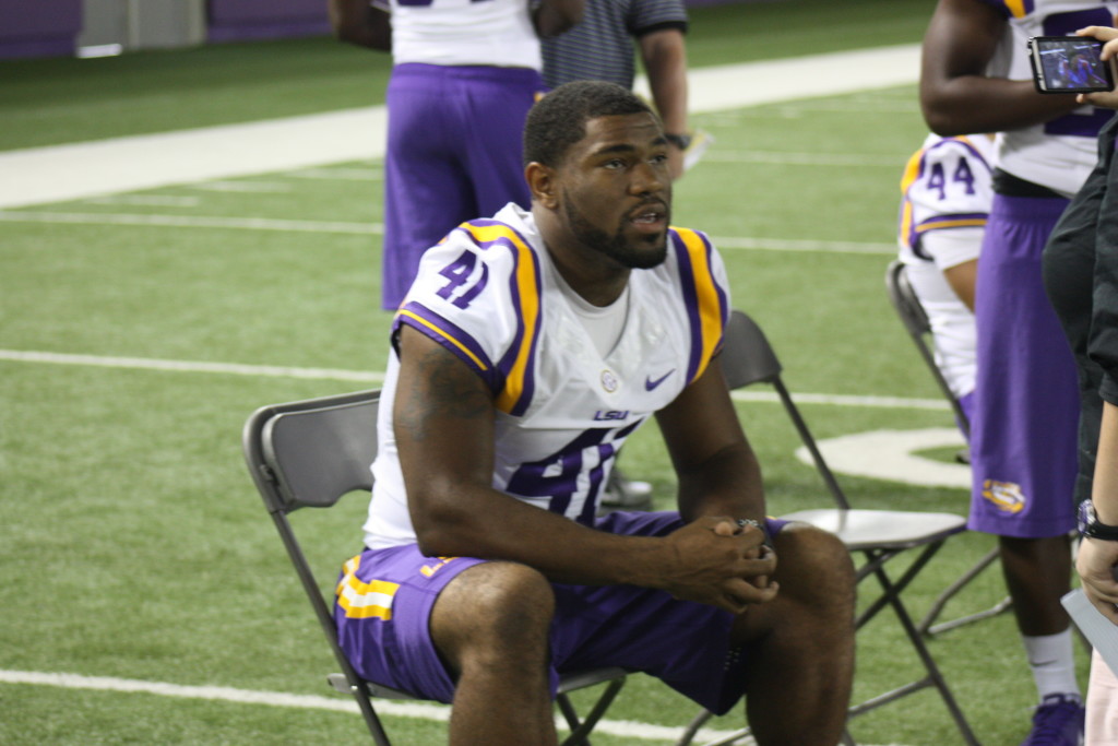 LSU David Ducre sitting down with the media.