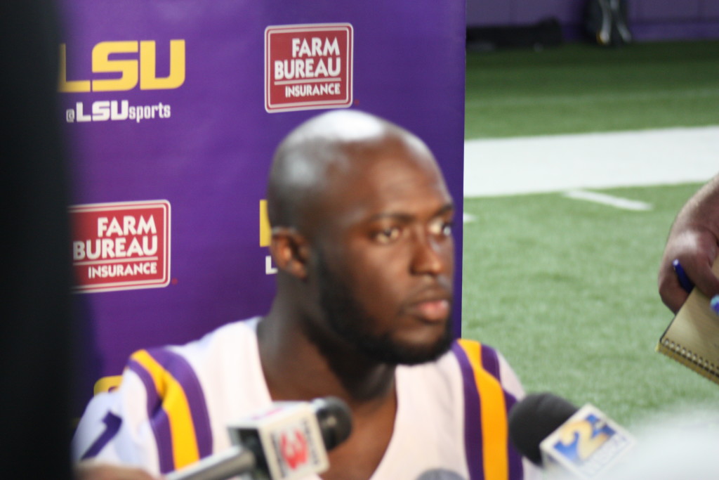 LSU Leonard Fournette talks with the media.