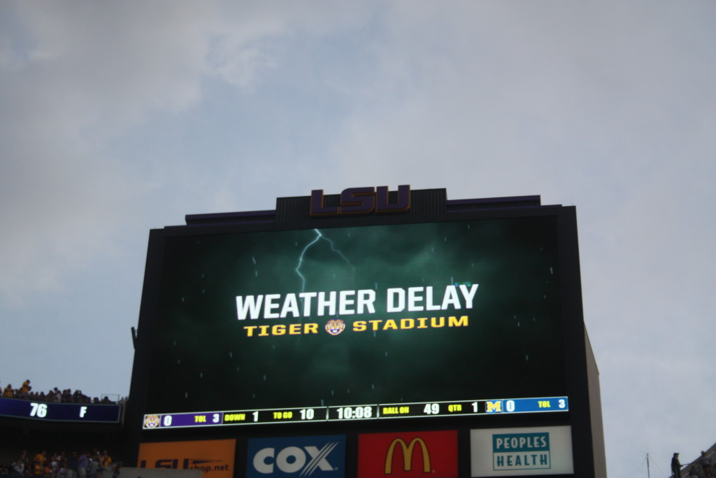 The TV Screen says it all as the LSU vs McNeese State game was delayed for 3 hours before being cancelled.