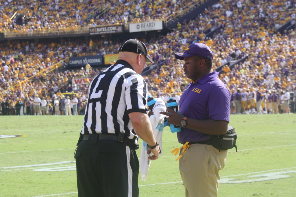 Theref even needsa water break, it was 117 degrees on the field at Tiger Stadium for a day game. 