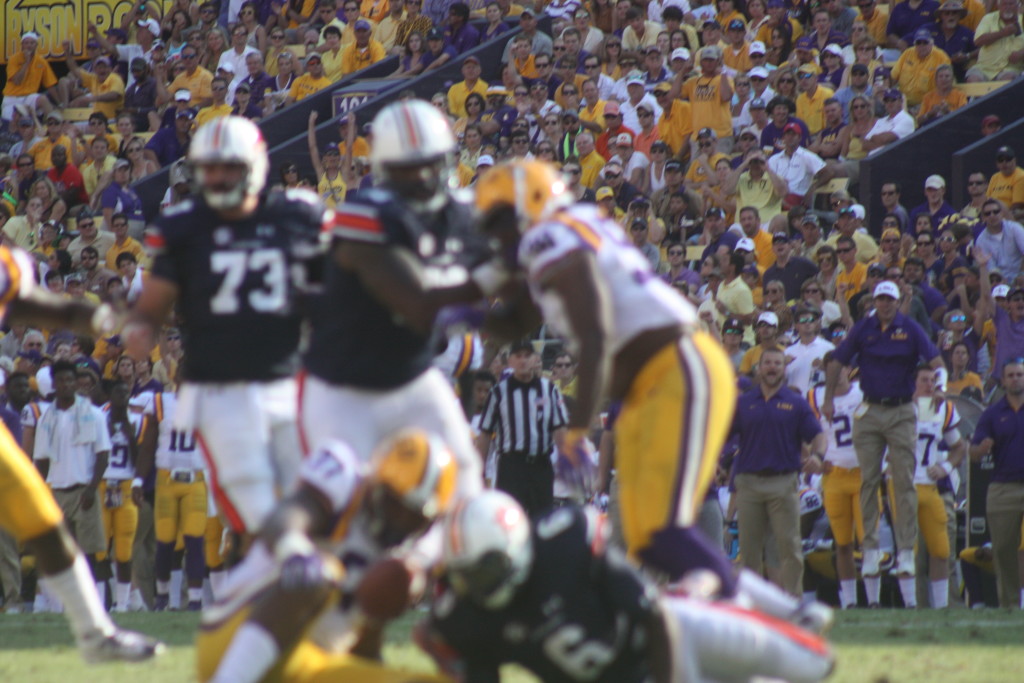 LSU Dt Herron knocks the ball loose from Auburn qb Johnson.