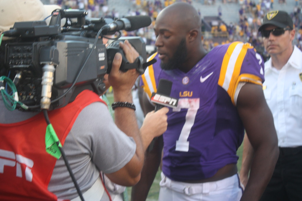 LSU Leonard Fournette being interviewed after the game. LSU won 45-24 over South Carolina.