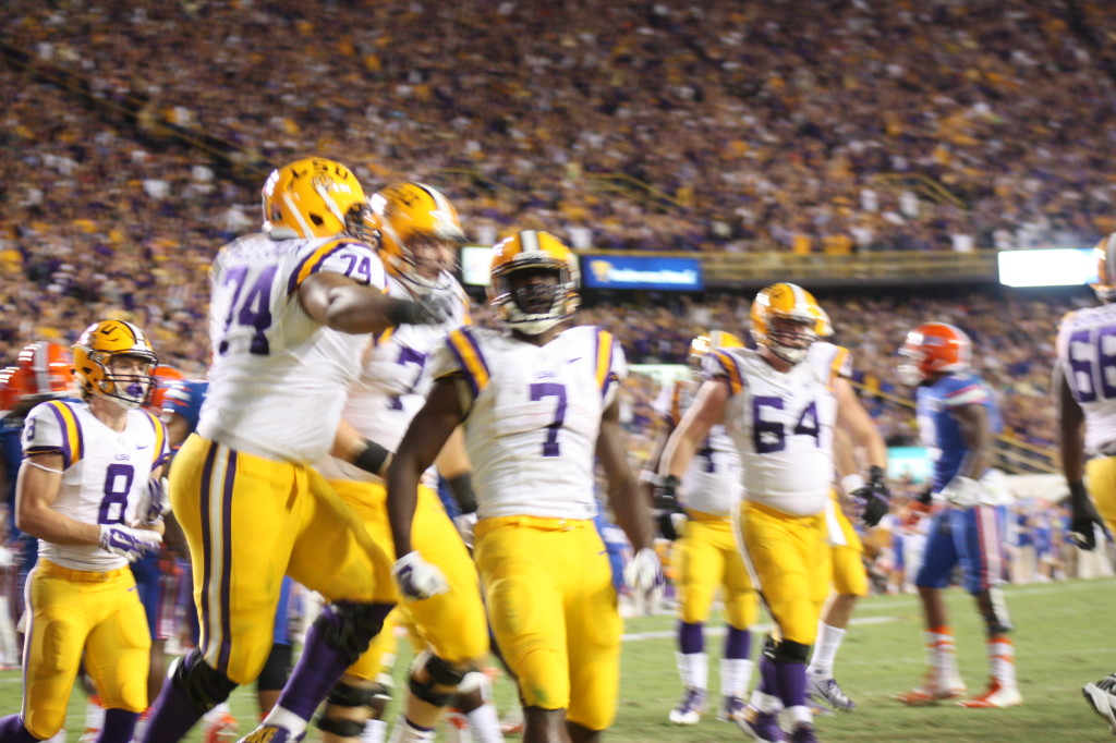 LSU Fournette celebrates his 2nd touchdown of the night as LSU went on to beat Florida 35-28.