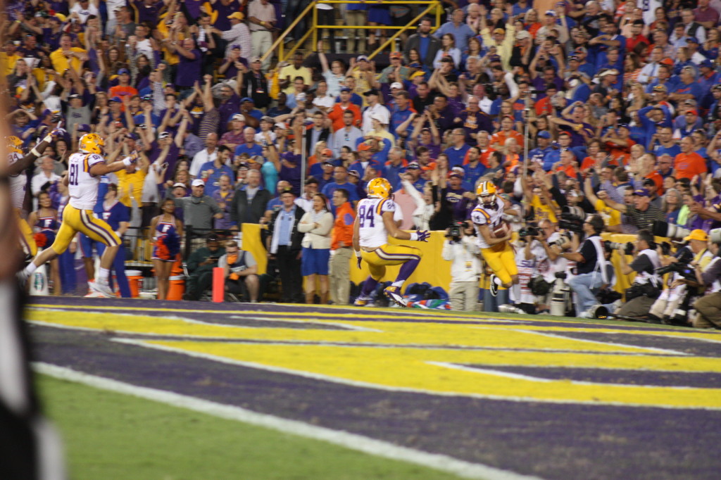 LSU kicker Trent Domingue was the star of the night as he scores on a fake kick.