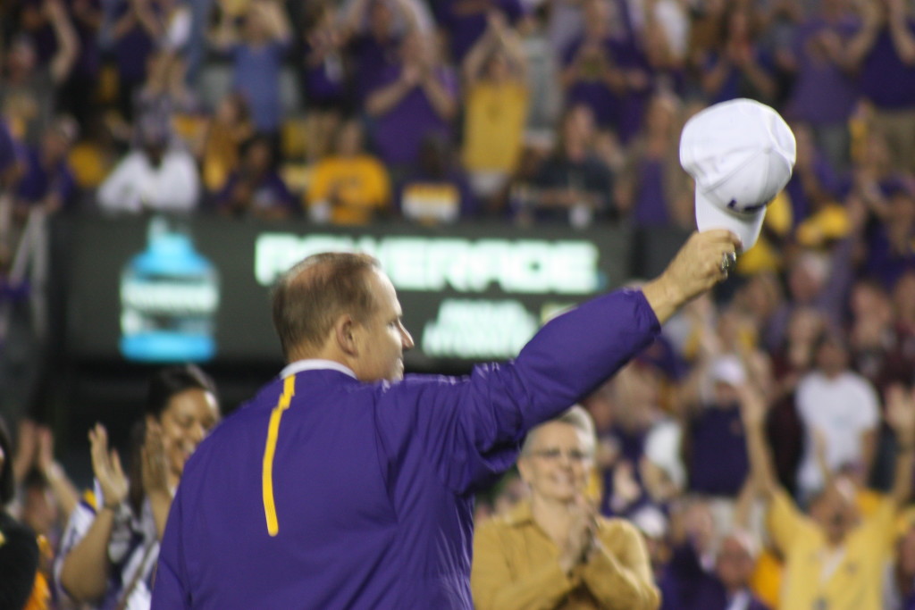 LSU Les Miles getting a standing ovation from the LSU Crowd at Tiger Stadium.
