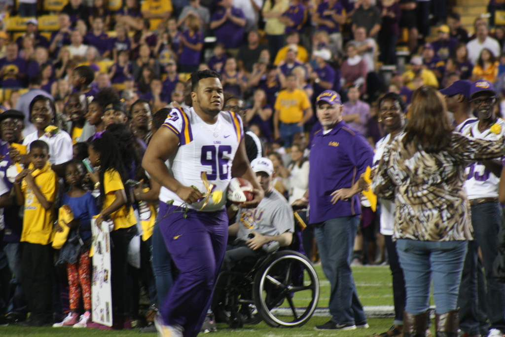 DT Mickey Johnson from Covington,La runs thru on LSU Senior Day