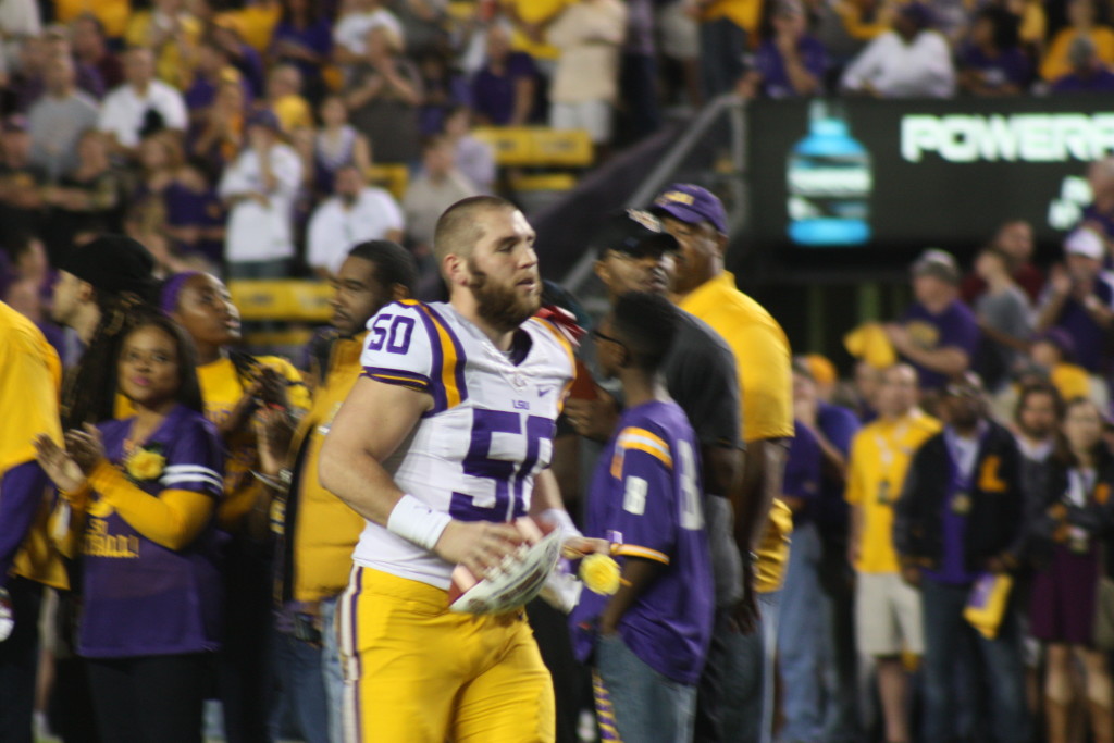 LS Reid Ferguson from Bufford,Ga celebrates LSU Senior Day.