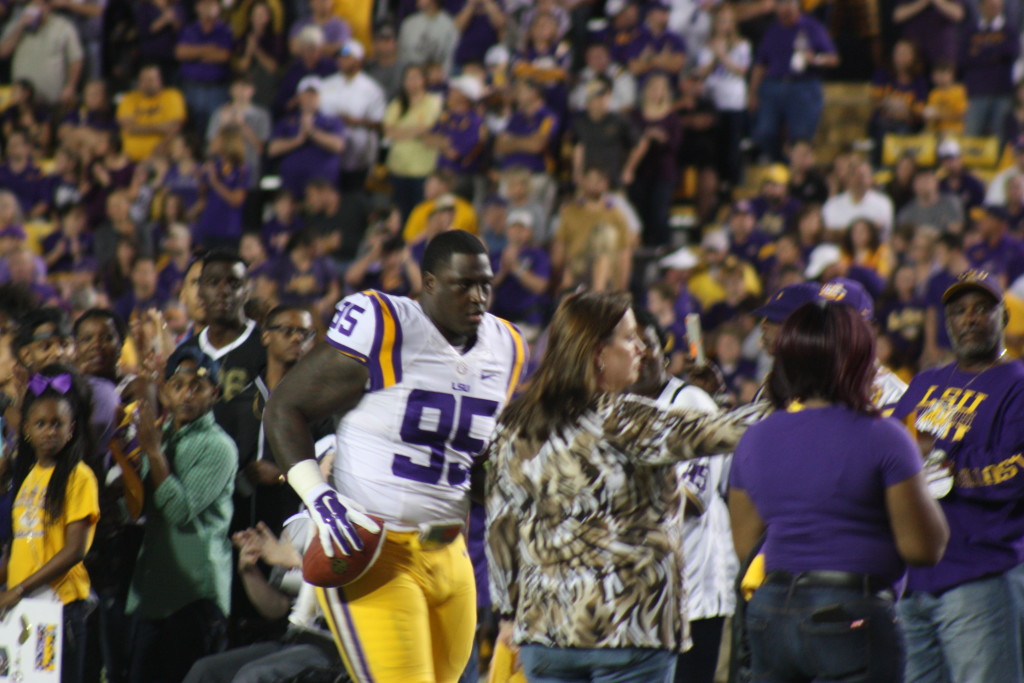 DT Quentin Thomas from Breaux Bridge, LA celebrates LSU Senior Day.