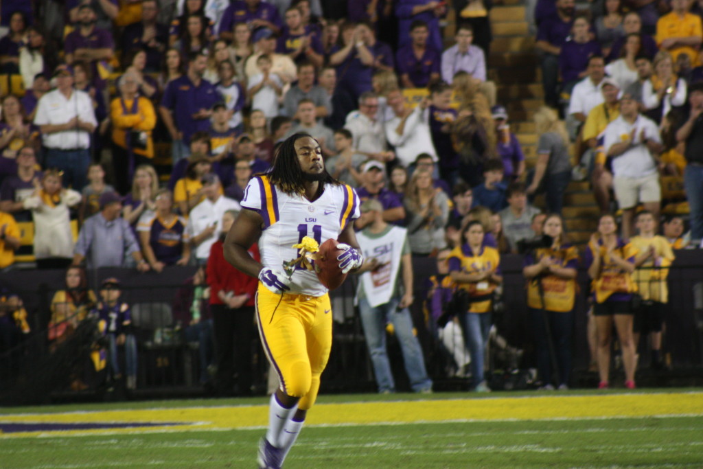 LB Lamar Louis from Breaux Bridge, LA celebrates LSU Senior Day.