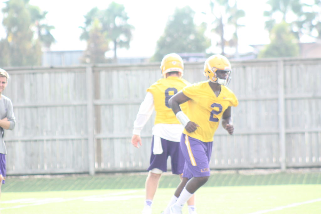 LSU qb Lowell Nacisse runs  up field, Coach O says Nick and Myles Brennan will be used in some games this year. Nacisse stands 6'2 at 231 lbs, a big mobile qb indeed.