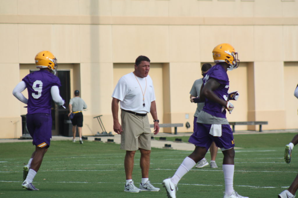 LSU Coach O getting the team fired up during practice.